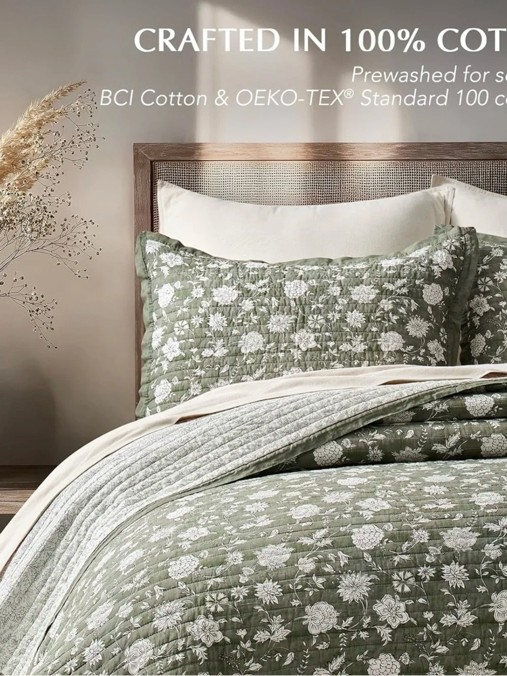 Green Floral Cotton Quilt Set - Classic Home Bedding